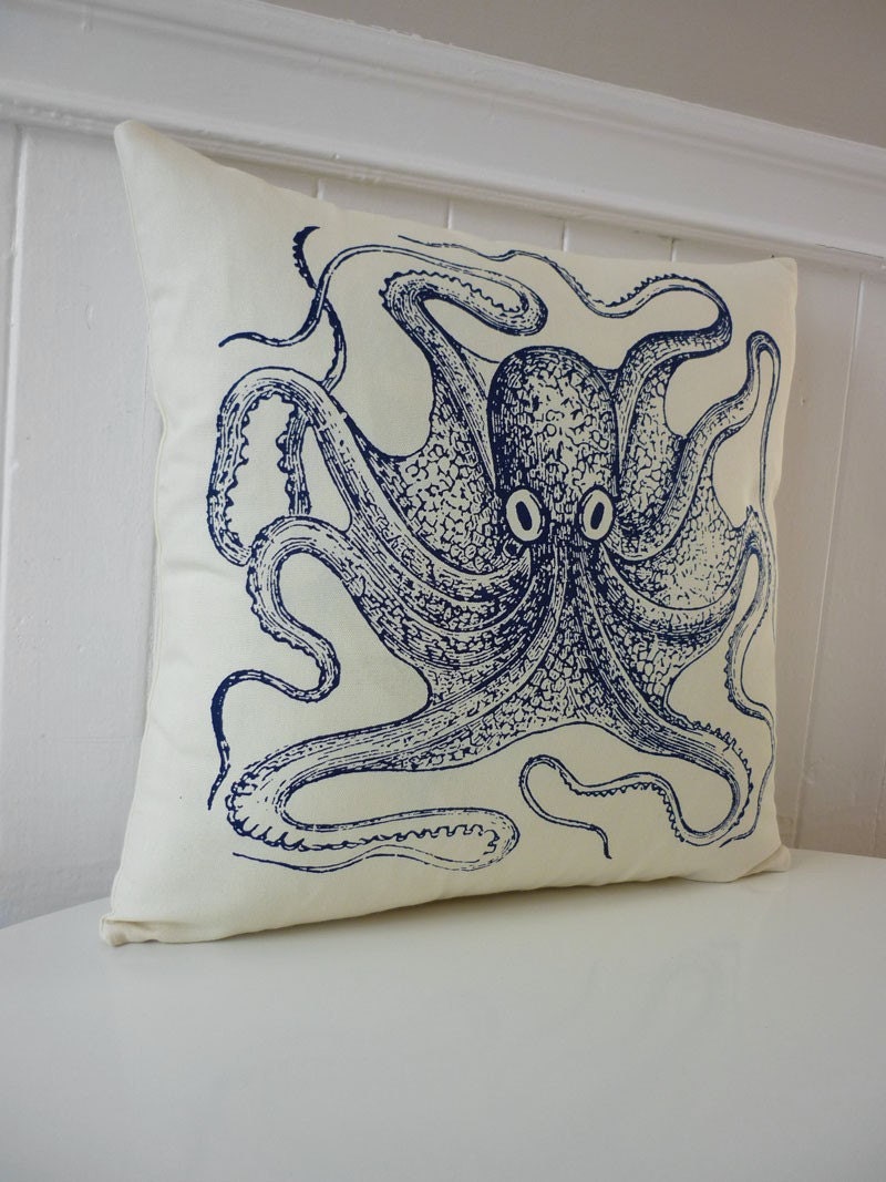 Vintage Octopus silk screened cotton throw pillow 18 inch navy unbleached