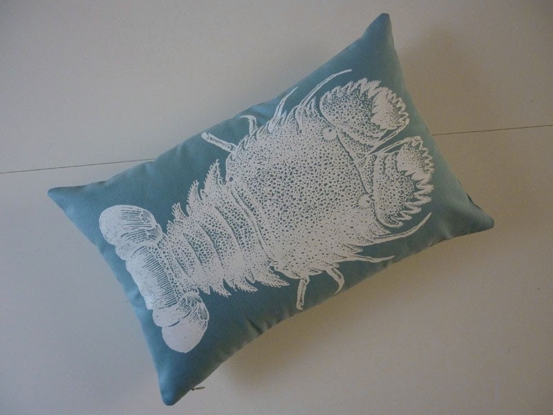 Slipper Lobster silk screened cotton throw pillow 18x12 teal blue white