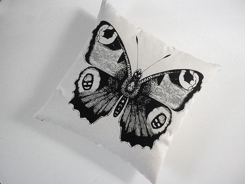 Giant Vintage Butterfly silk screened cotton canvas throw pillow 18 inch BLACK