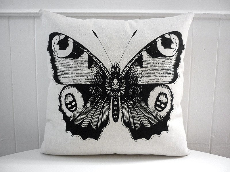 Giant Vintage Butterfly silk screened cotton canvas throw pillow 18 inch BLACK
