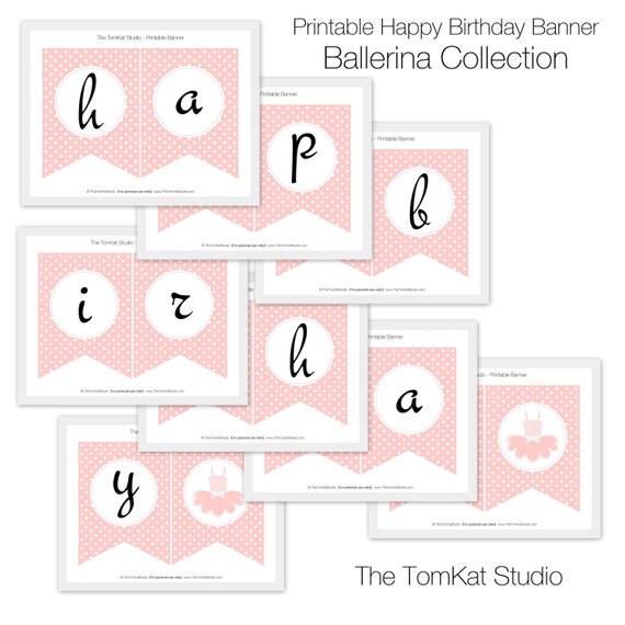 Pink Polka Dot Ballerina Birthday Banner - Printable Happy Birthday Banner - The TomKat Studio Il_570xn