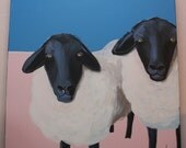 Contemporary Whimsical LARGE 30" X 30" Black Face SHEEP Original Painting Pink and Utah Sky Blue