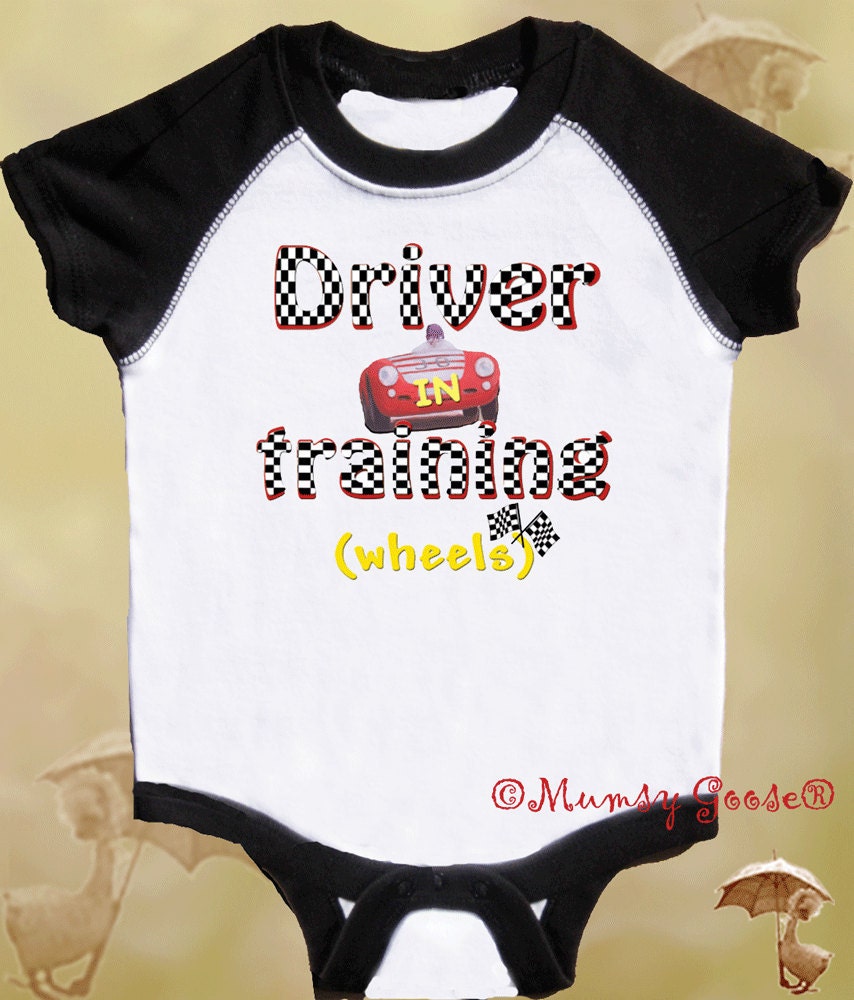 Funny Boy Onesie Race Car Driver in Training Black Raglan Sleeve 6M to 24M and Toddler and Youth  Tee's  by Mumsy Goose