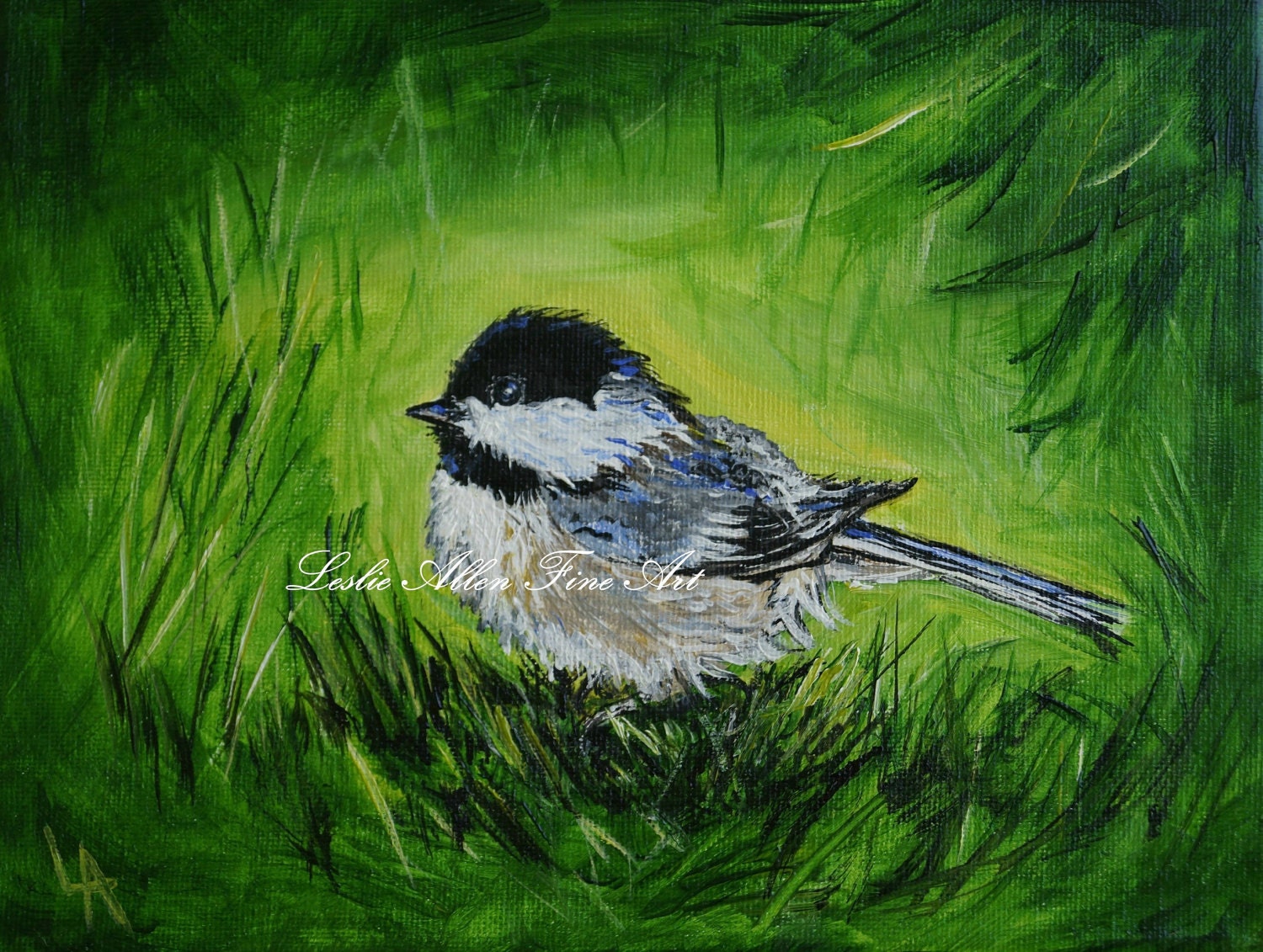 Chickadee Painting Chickadees Bird Birds Birdies Paintings Bird Art Green Lime Black and White "In The Grass" Leslie Allen Fine Art