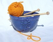 Ocean Blue Yarn Bowl or Knitting Bowl with Flower Design and Leaf Cut Outs