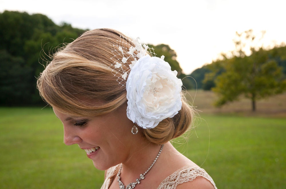 Large Flower hair clip,  hairpiece, white and ivory Hair Fascinator or Sash Pin with veil alternative