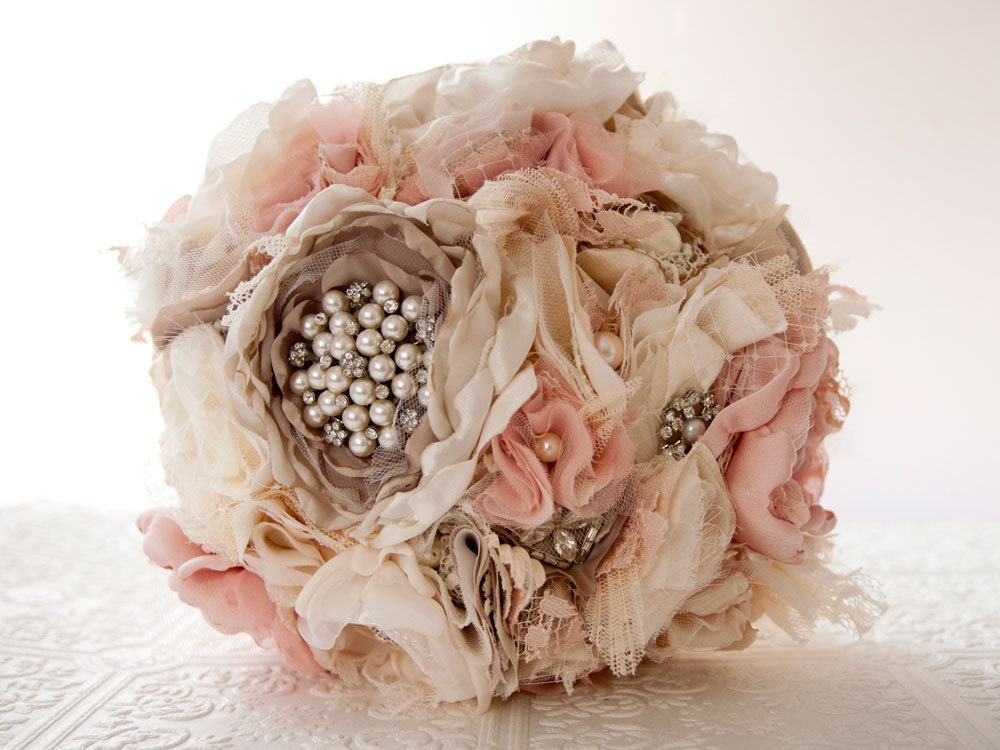 Fabric Flower Custom Wedding Bouquet, with rhinestone and pearl brooches, choose your colors