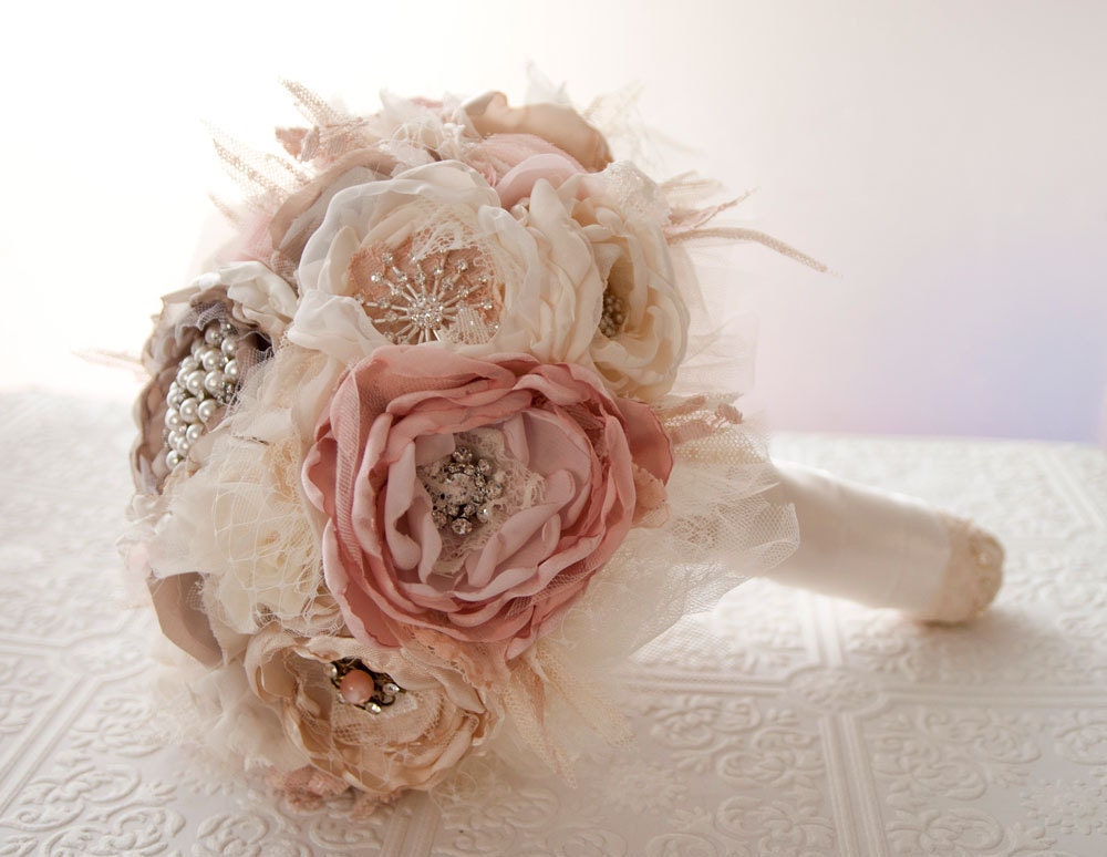 Fabric Flower Custom Wedding Bouquet, with rhinestone and pearl brooches, choose your colors