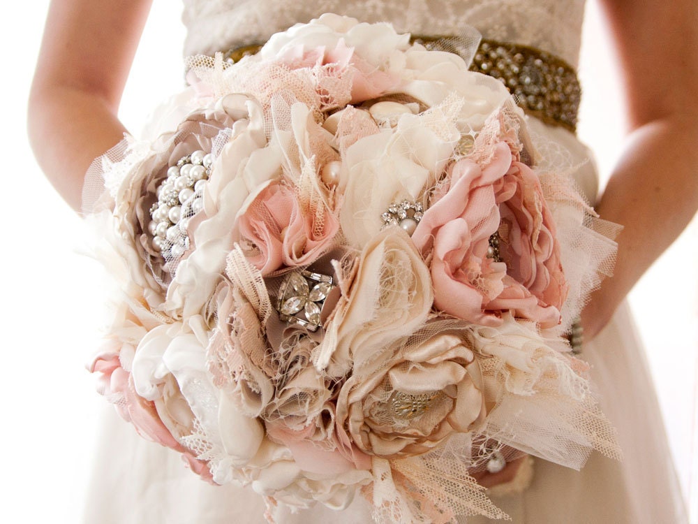 Fabric Flower Custom Wedding Bouquet, with rhinestone and pearl brooches, choose your colors