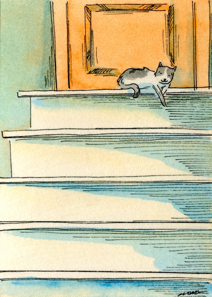 Original ACEO Painting -- Lounging on the stairs