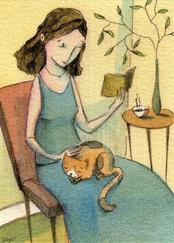 Limited Edition Hand Painted ACEO ---- ---- ---- Reading with Kitty