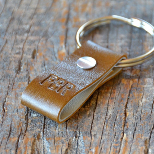 Monogrammed Split Pea and Taupe Leather Keychain (Style 2)