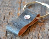 Monogrammed Distressed Black and Light Orange Leather Keychain (Style 1)