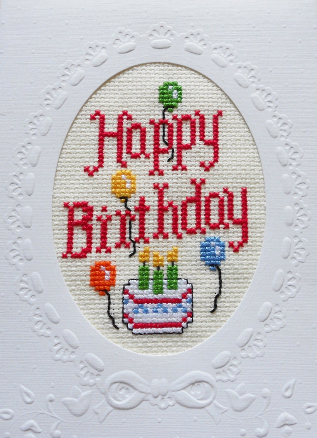 Happy Birthday Cross Stitched Cake & Balloons Greeting Note Card