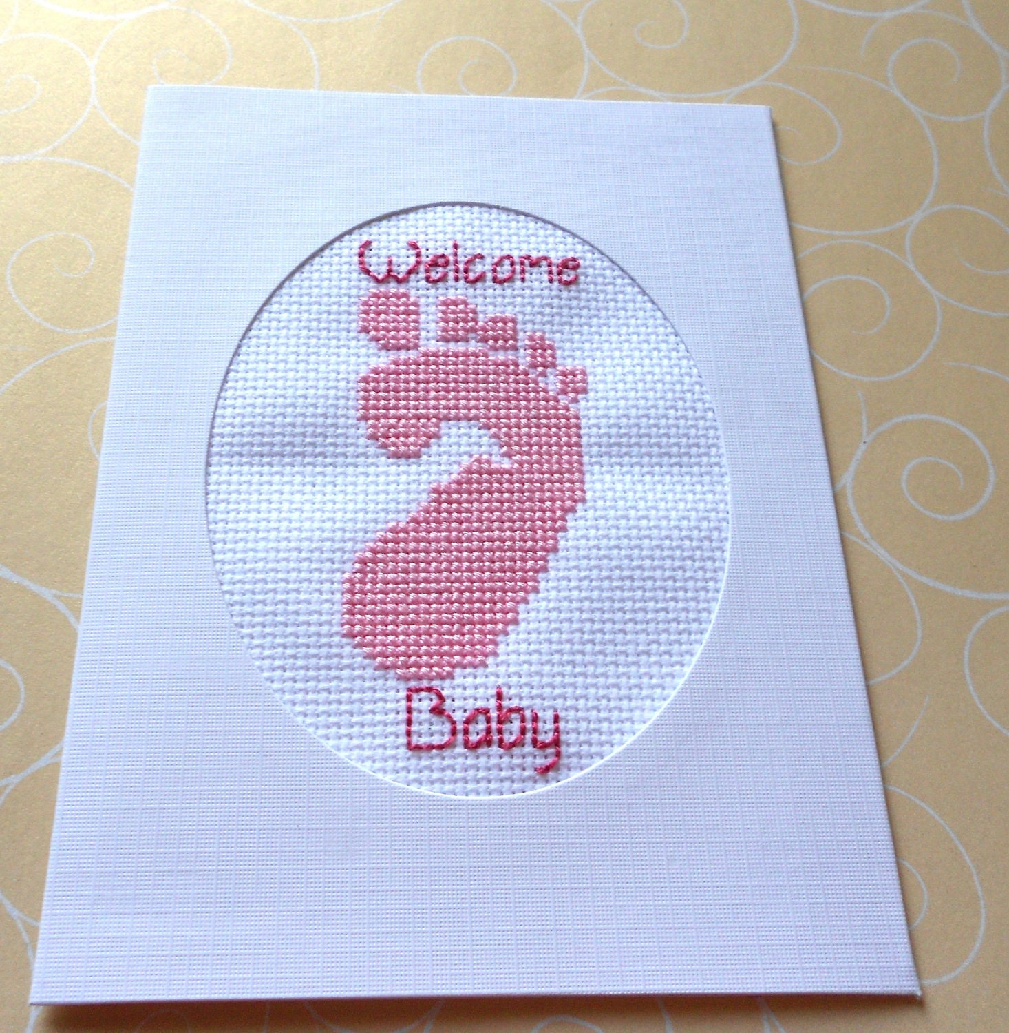 SALE - Welcome Baby Girl Cross Stitched Greeting Note Card OOPS