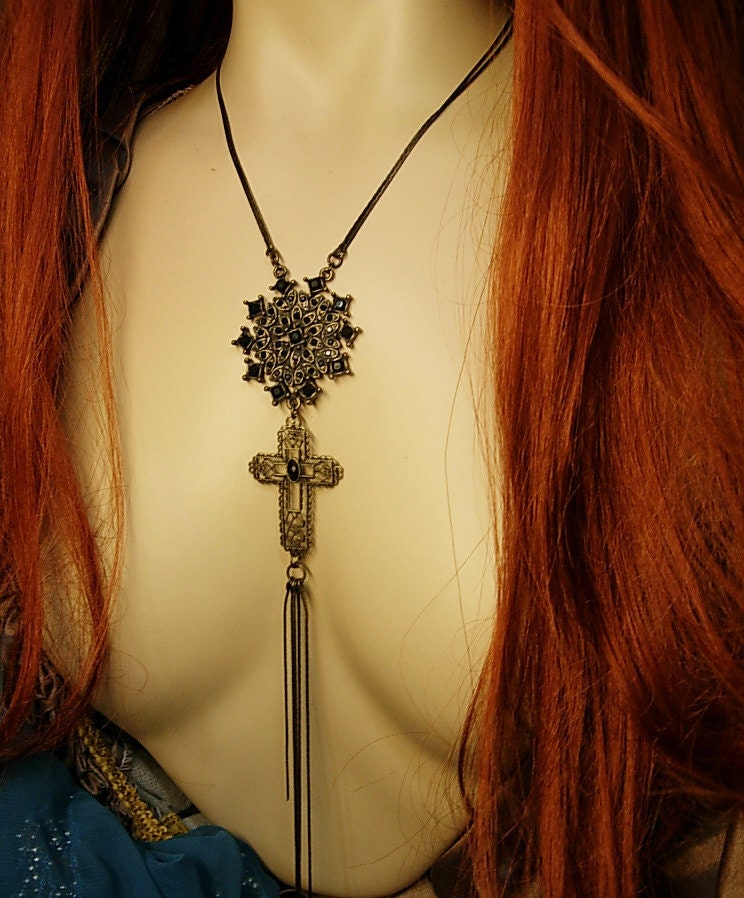 Gothic necklace BLack rhinestones gothic cross long  tassels costume jewelry