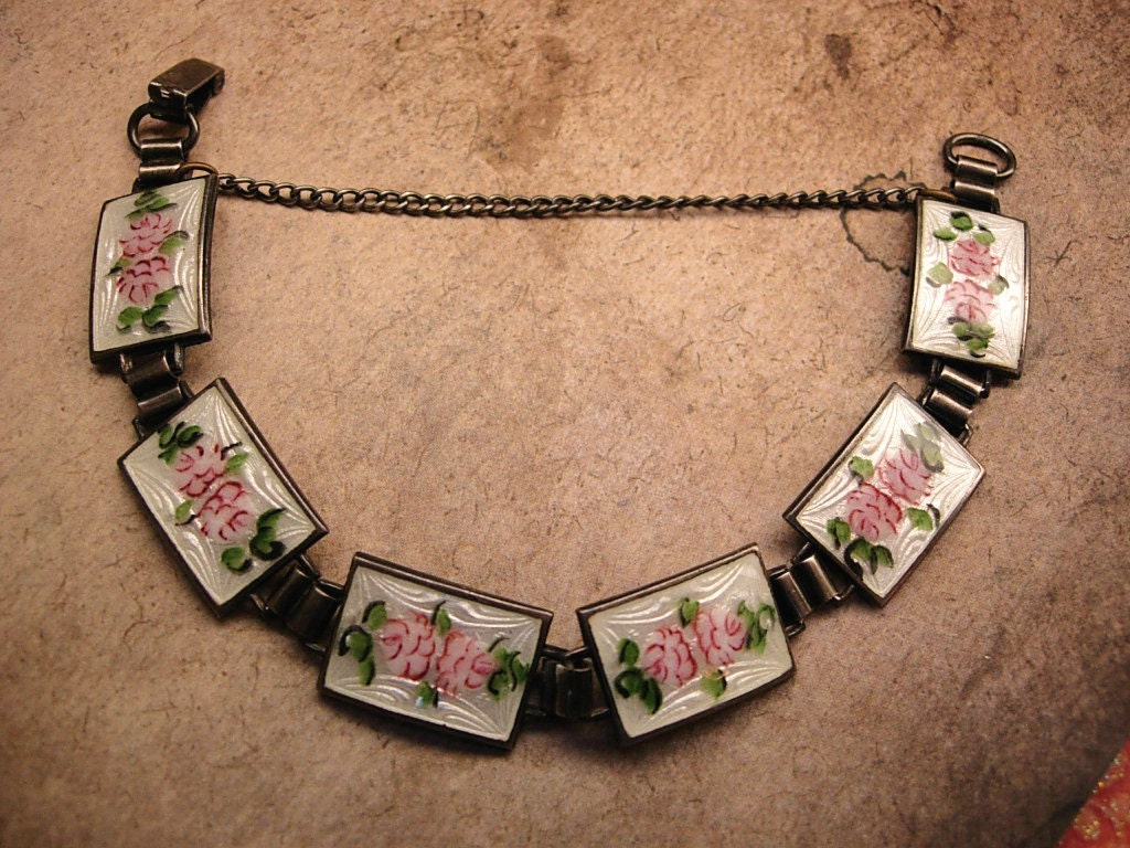 Antique Art Deco sterling Guilloche Enamal Pink Roses bracelet