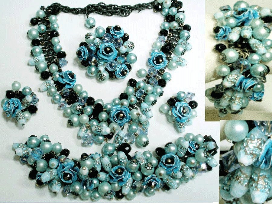 DRAMATIC  enamel Venetian Glass  metal BOOKCHAIN COTURE parure necklace bracelet  earrings