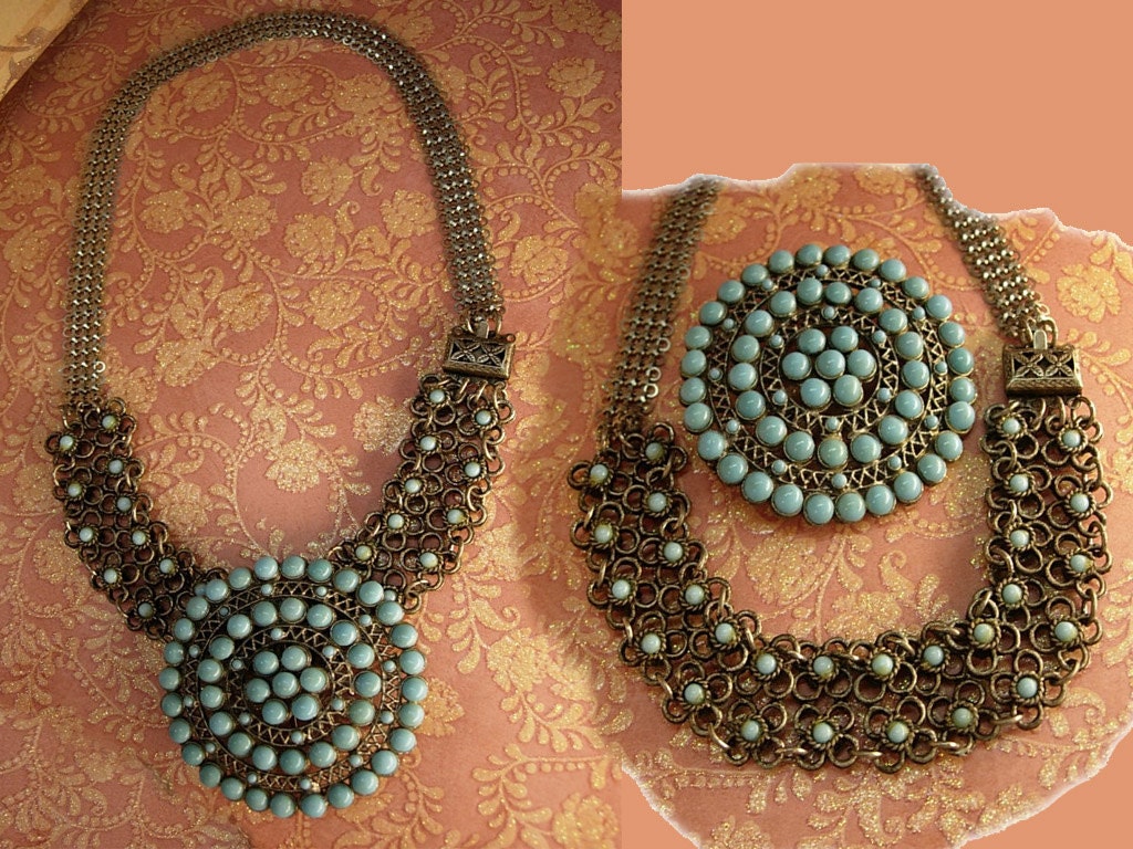 Vintage Edwardian turquoise necklace and brooch Goth choker