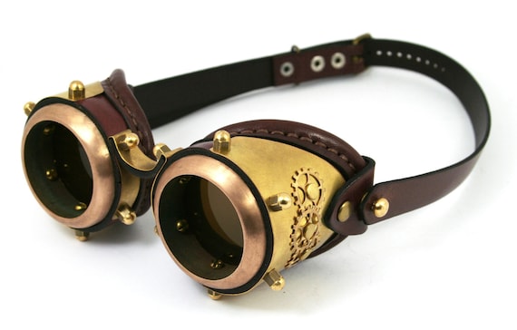 STEAMPUNK GOGGLES made of solid brass brown leather plating and gears decor Assault design no.4