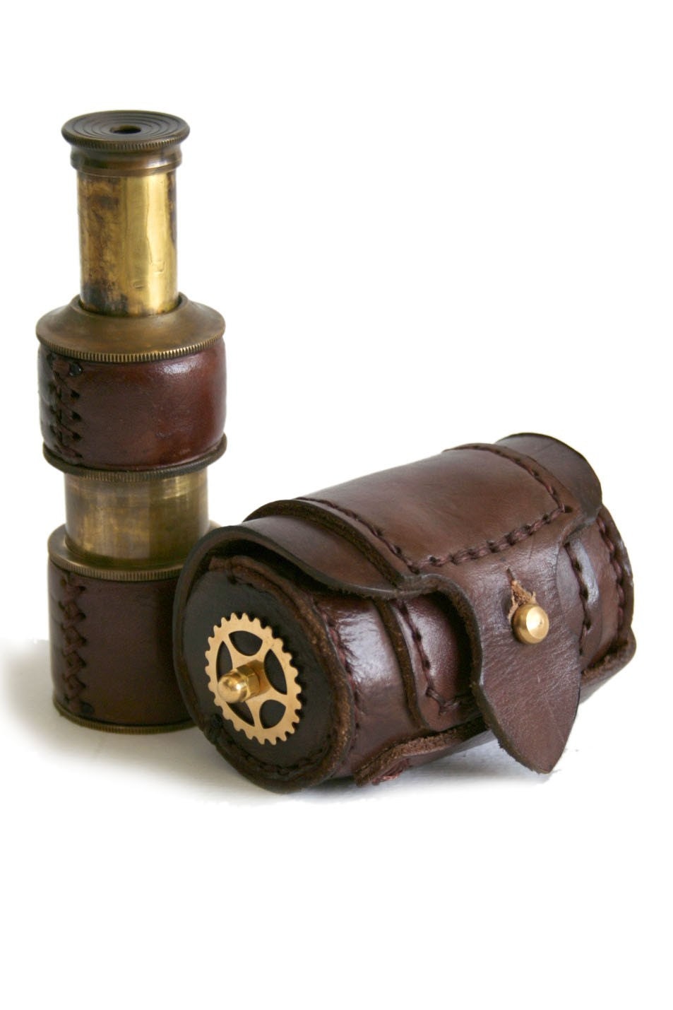 Steampunk brass telescope with leather case BROWN LEATHER GEARS DECOR