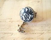 Elegance Never Fades - Adjustable Filigree Ring, Ceramic Button Ring, Silver Bird Ring, Costume Jewelry