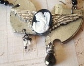 Guardian Angel - Steampunk Bracelet, Angel Bracelet, Cameo Bracelet, Black Bracelet, Wing Bracelet, Upcycled Bracelet, Recycled Bracelet