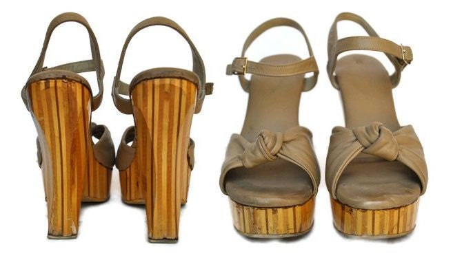 Wooded Platforms / super high heel wedge / 1970s / size 6.5