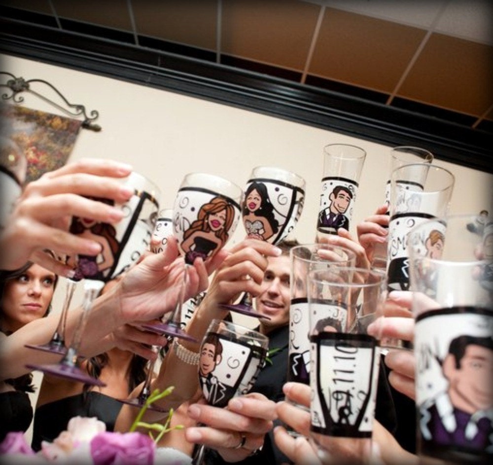 Bridal Party (8 glasses) Custom Hand Painted Wedding Glassware