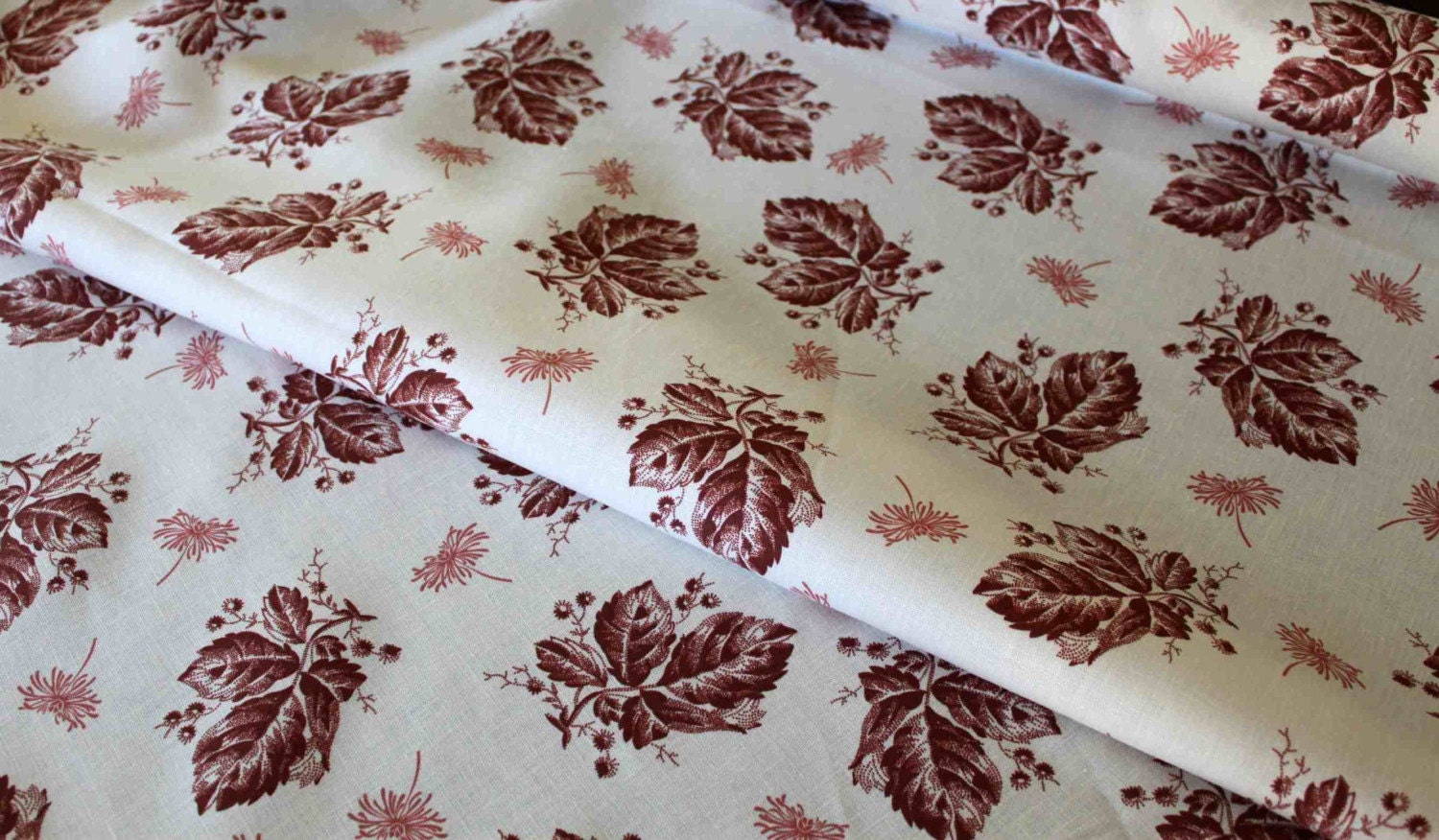 Linen Red Leaves / Floral Fabric - One Yard