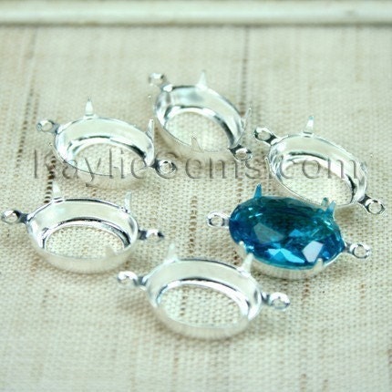 Prong Setting Sterling Silver Plated Oval 14x10mm Open Back with 2 Rings - 6pcs