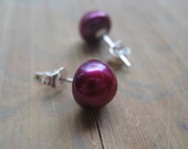 magenta pearl earrings in sterling silver. pink fuschia pearls. bridesmaid silver earrings. splurge