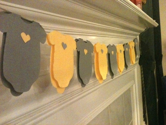 Pack of 30 Gray and Yellow (or any color) Baby shower onesie napkins or banner decoration. Each adorned with a heart. Il_570xn