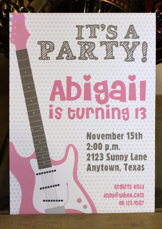 Pink Guitar Music Girl Birthday Party Invitations - 1.00 each with envelope Il_570xn