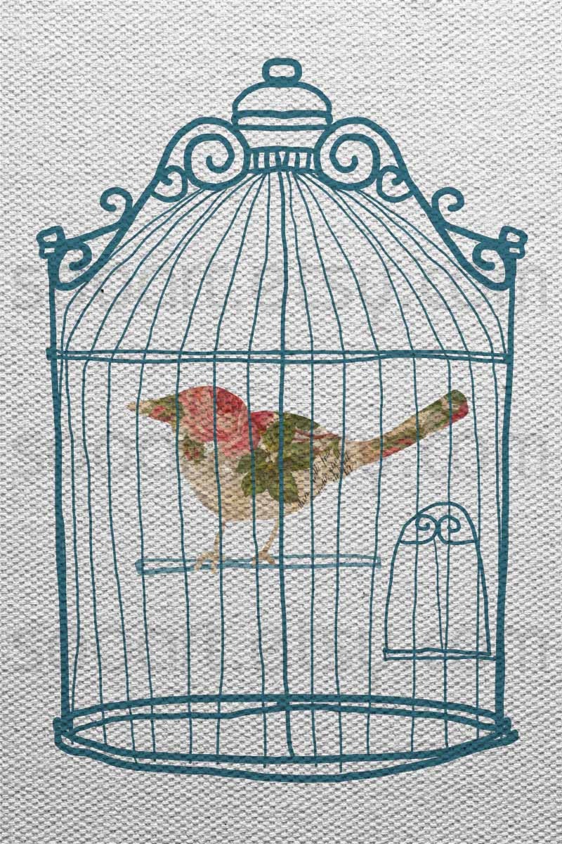 bird Cage vintage -Digital Image Sheet -Original Illustrate Drawing A4 Print transfer on Pillows, t-shirts, scrapbook, lampshades ETC.v