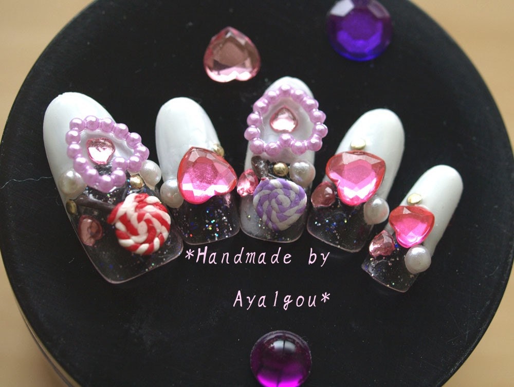 Gyaru nail art, 3D nails, Rarami, white, lolita, french nails, from japan