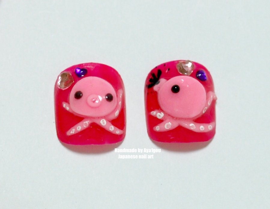 Kawaii, octopus, 3D nails,  fake nails, pedicure, toe nails