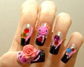3D nails, Japanese nail art, kawaii octopus and gems on black french tips