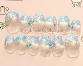 Blue glitter tips with 3D hearts and gems, SMALL and very short, 12 pieces
