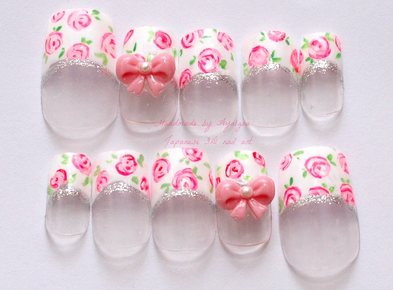 3D nails, lolita, kawaii, white french tips, floral print, bows, Japanese nail art