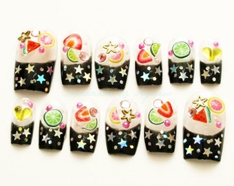 Black french, Japanese nail art, Kira, stars on black french with fimo nails