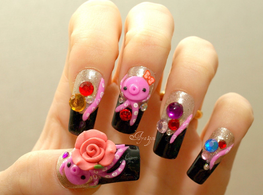 3D nails, Japanese nail art, kawaii octopus and gems on black french tips