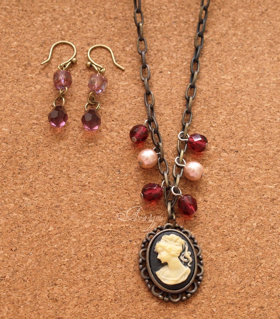 EGL, gothic lolita, Faux cameo necklace and the matching earrings set