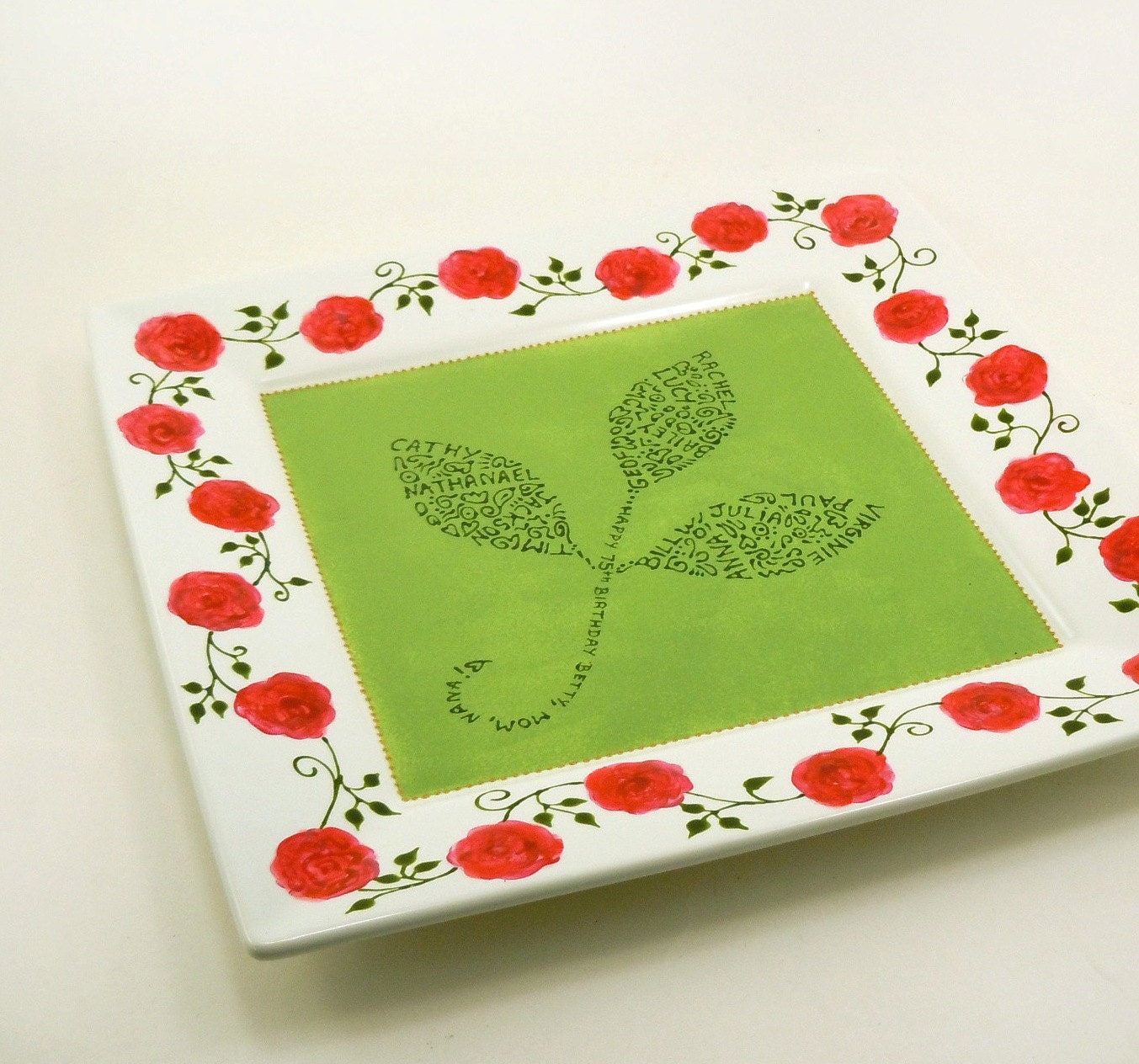 Birthday plate - Hand painted square personalized porcelain plate with names and special message - Pink and red roses