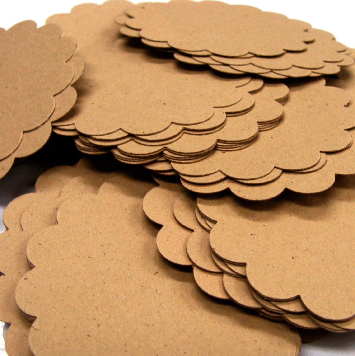 40 Round Scallop Tags in KRAFT . 2 inch . for Scrapbooking, Favor Tags, Garlands, Cupcake Toppers