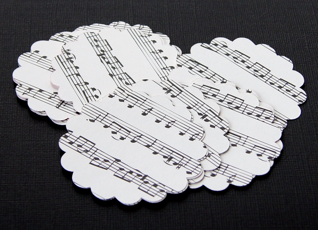 20 Round Scallop Tags . LOVE SONG (music notes) Circle Tags for Scrapbooking, Favor Tags, Cupcake Toppers . 2.5 inch