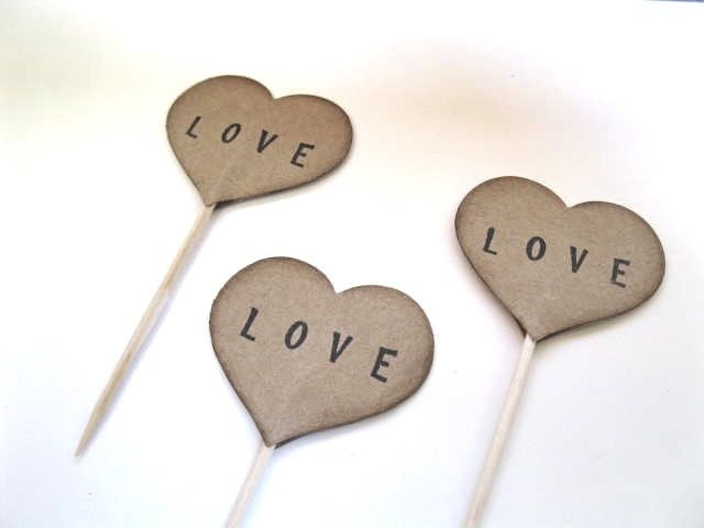 Cupcake Toppers - kraft heart LOVE cupcake picks - set of 12 - wedding decor, wedding cupcake, baby shower