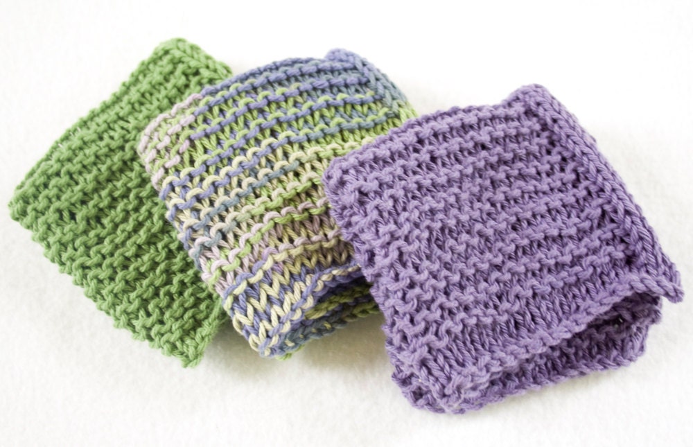 SALE - Hand Knit Cotton Wash Cloths in Purple Haze - 3 Pack - Ready to Ship