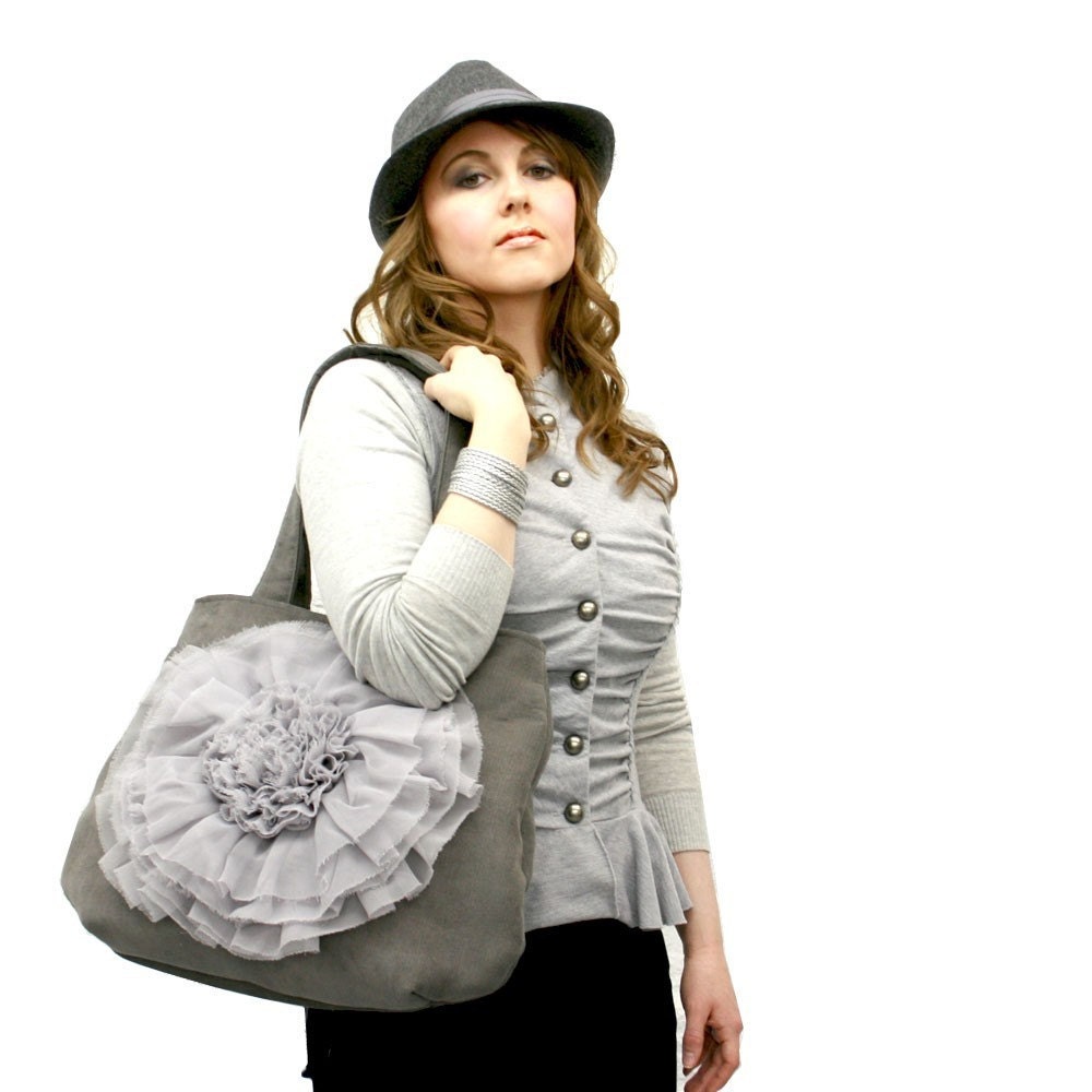 Grey Chiffon Ruffle Flower Handbag MADE TO ORDER