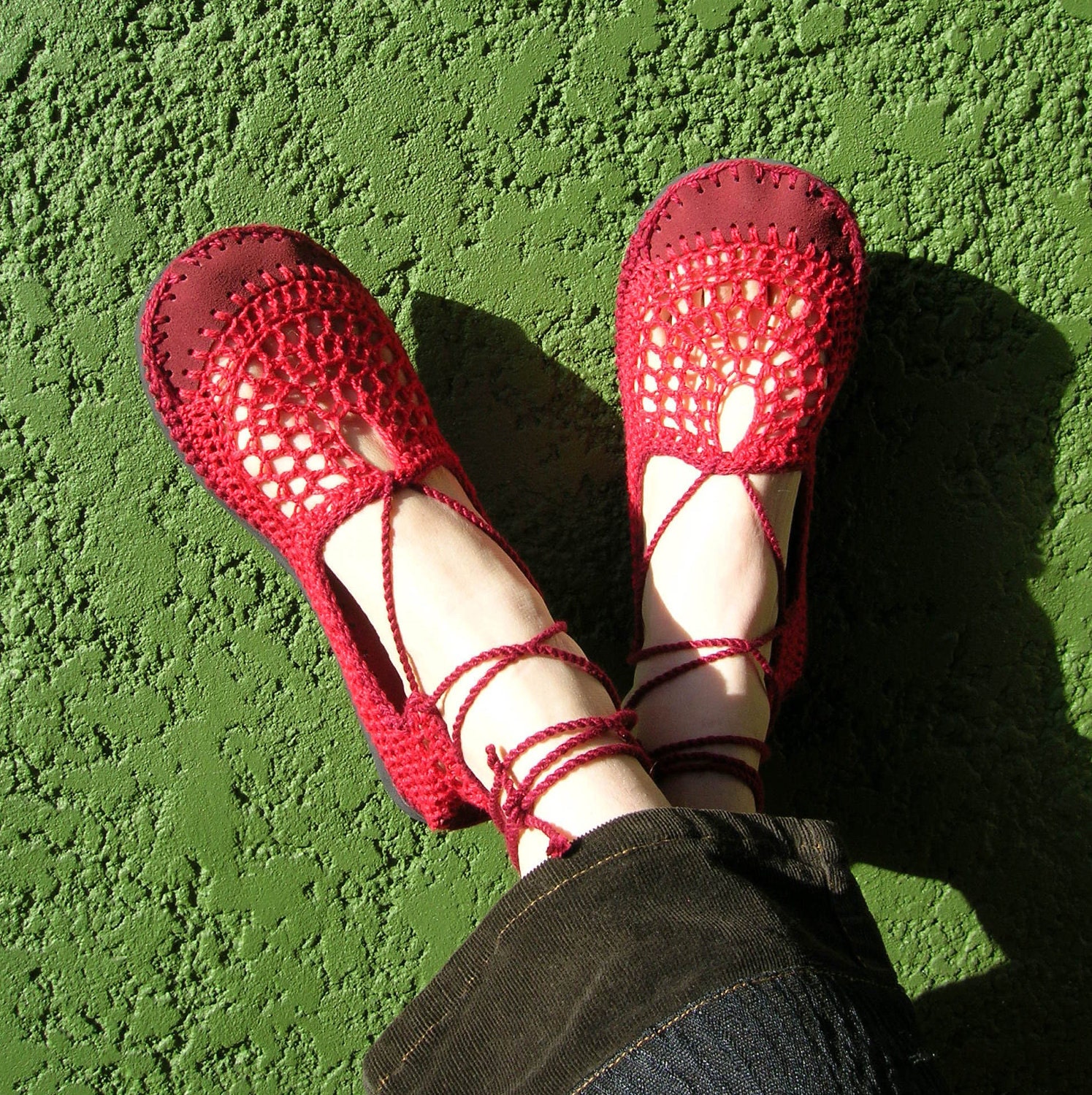 Lace up crochet SHOES - Mary Jane - Red w/ burgundy suede - CUSTOM MADE - Hippie boho footwear